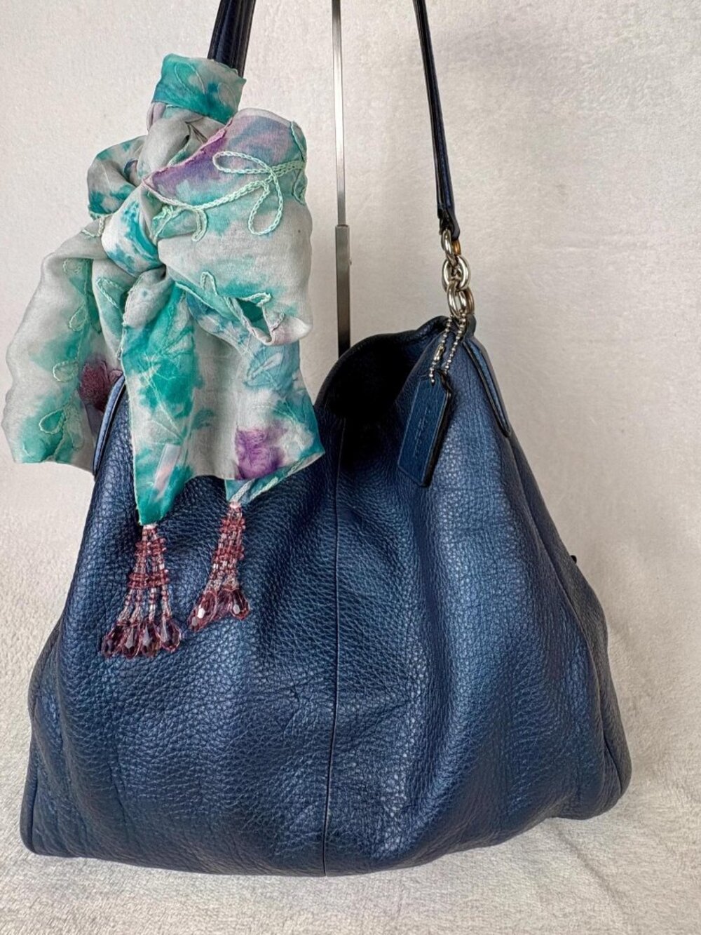 Coach Madison Phoebe in Metallic Pearlescent Soft Blue Pebble Leather with Scarf